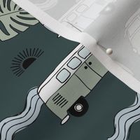 Tropical island travel camper van surf trip with leaves sunset and bus cool kids nursery design neutral green mint gray