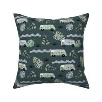 Tropical island travel camper van surf trip with leaves sunset and bus cool kids nursery design neutral green mint gray