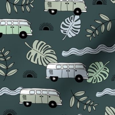 Tropical island travel camper van surf trip with leaves sunset and bus cool kids nursery design neutral green mint gray