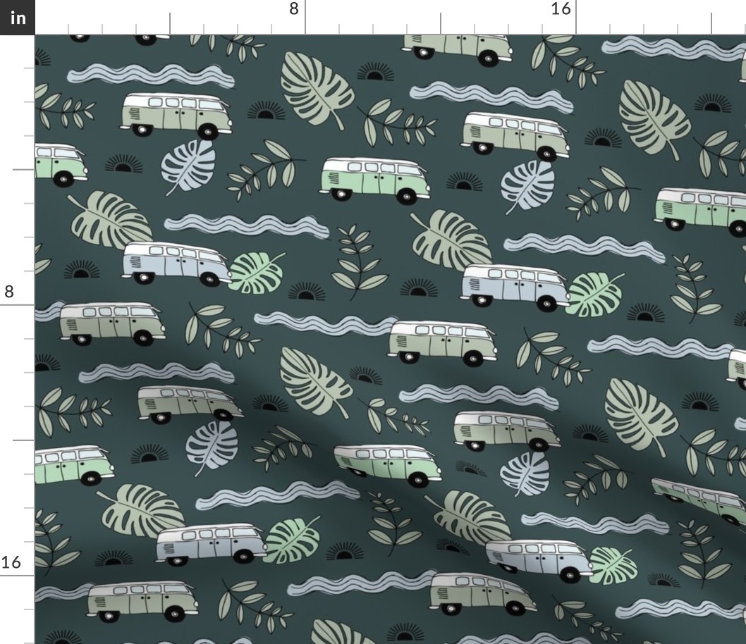 Tropical island travel camper van surf trip with leaves sunset and bus cool kids nursery design neutral green mint gray