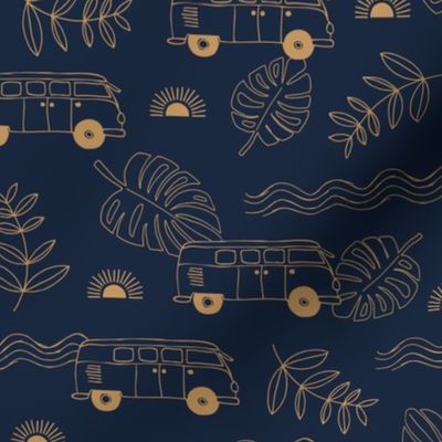Tropical island travel camper van surf trip with leaves sunset and bus cool kids nursery design neutral golden on navy blue night