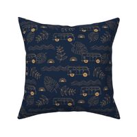 Tropical island travel camper van surf trip with leaves sunset and bus cool kids nursery design neutral golden on navy blue night