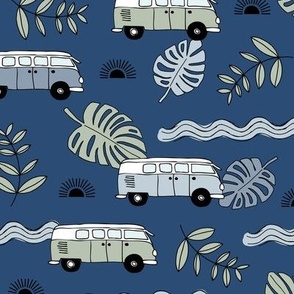 Tropical island travel camper van surf trip with leaves sunset and bus cool kids nursery design neutral blue marine sage gray