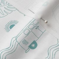 Tropical island travel camper van surf trip with leaves sunset and bus cool kids nursery design outline turquoise on white