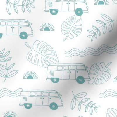 Tropical island travel camper van surf trip with leaves sunset and bus cool kids nursery design outline turquoise on white