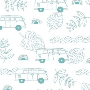 Tropical island travel camper van surf trip with leaves sunset and bus cool kids nursery design outline turquoise on white