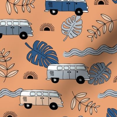 Tropical island travel camper van surf trip with leaves sunset and bus cool kids nursery design blush burnt orange gray vintage seventies 