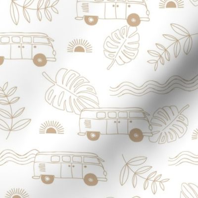 Tropical island travel camper van surf trip with leaves sunset and bus cool kids nursery design vintage seventies gold caramel on white