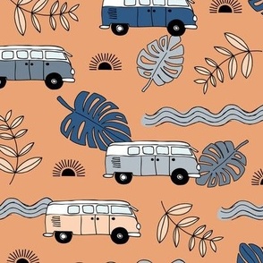 Tropical island travel camper van surf trip with leaves sunset and bus cool kids nursery design blue gray on burnt orange blush