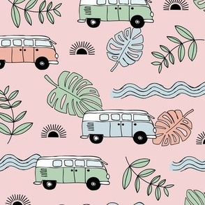 Tropical island travel camper van surf trip with leaves sunset and bus cool kids nursery design girls blush pink mint blue