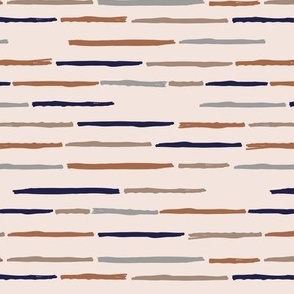 Little rows of distorted lines horizontal striped freehand abstract brush design warm brown beige rust navy blue vintage palette boys strokes