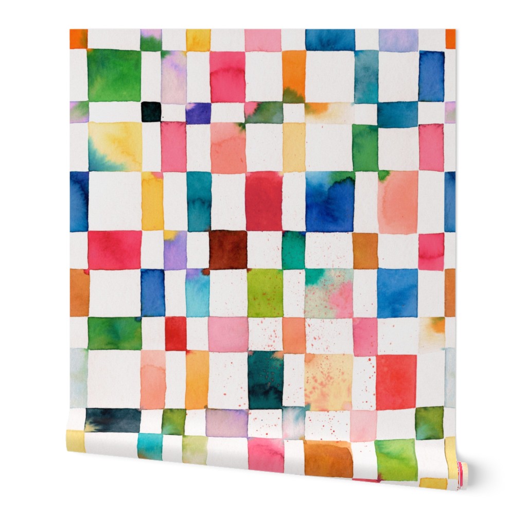 Red Modern geometric checker watercolor - Cheerful rainbow checkerboard - Jumbo large