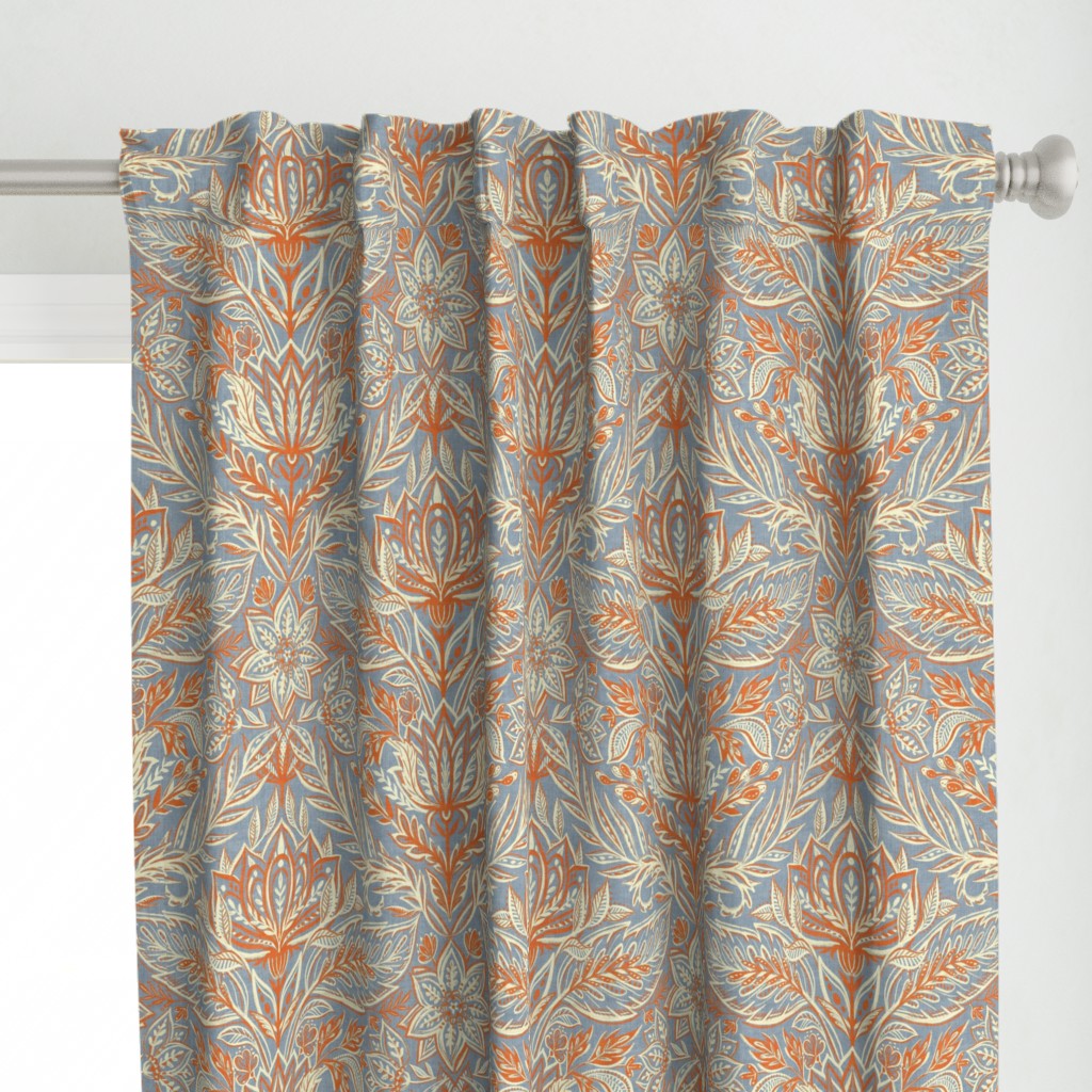 Stylized Botanical Damask in Soft Blue, Coral Red and Cream