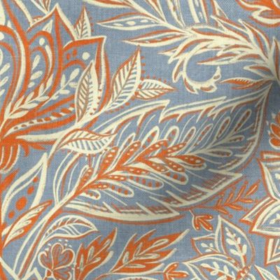 Stylized Botanical Damask in Soft Blue, Coral Red and Cream