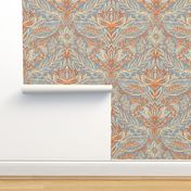 Stylized Botanical Damask in Soft Blue, Coral Red and Cream