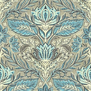 Stylized Botanical Damask in Fawn, Cream, Grey and Aqua