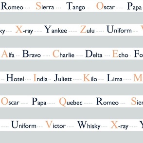 NATO phonetic alphabet on light grey and white sailor stripes