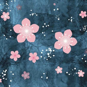 Pink flower blossoms on black and blue background