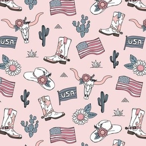 Little cowboy freehand western illustrations texas ranch life with longhorn skull flag boots and cacti pink blue gray