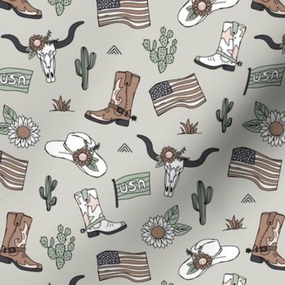 Little cowboy freehand western illustrations texas ranch life with longhorn skull flag boots and cacti vintage red sage green on mist