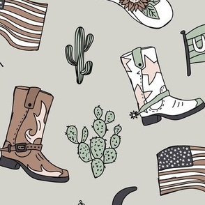 Little cowboy freehand western illustrations texas ranch life with longhorn skull flag boots and cacti vintage red sage green on mist LARGE