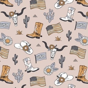 Little cowboy freehand western illustrations texas ranch life with longhorn skull flag boots and cacti vintage beige ochre cool blue gray neutral