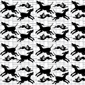 Hound and hare romp, b&w plaid