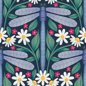 Daisies and Dragonflies - Navy Blue Background