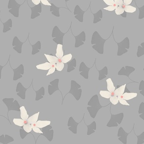 little Forsythia flowers and leaves on neutral grey - large scale