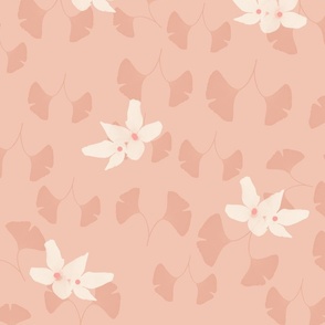 little Forsythia flowers and leaves on peach / coral / pink - large scale