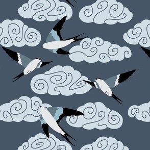 flying swallows / bird in a sky with clouds - midnight blue - medium scale 