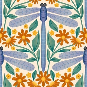 Daisies and Dragonflies - Ivory Background