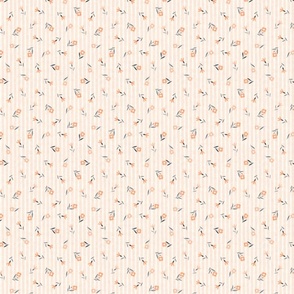 Small scale scattered coral flowers and striped cream background 