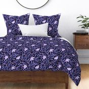 Dark moody botanical design, with leaves, flowers and berries in violet Pantone's Very Peri color on black