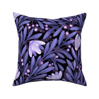 Dark moody botanical design, with leaves, flowers and berries in violet Pantone's Very Peri color on black