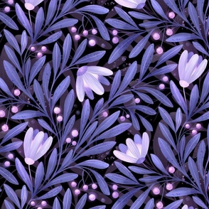 Large scale flowers, leaves and berries in violet Pantone's Very Peri color on black