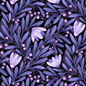 Dark moody botanical design, with leaves, flowers and berries in violet Pantone's Very Peri color on black