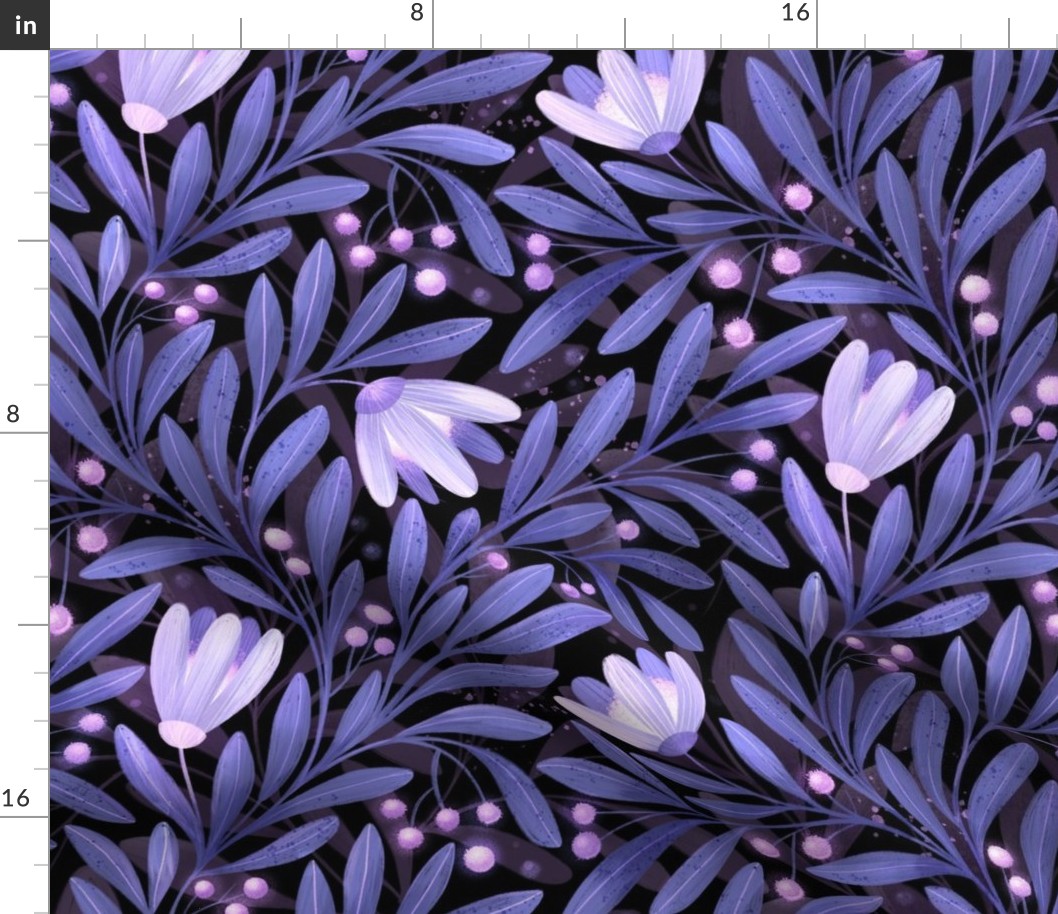 Dark moody botanical design, with leaves, flowers and berries in violet Pantone's Very Peri color on black