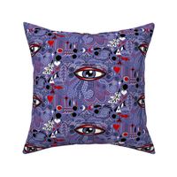 very peri periwinkle. the all seeing eye! medium large scale, blue purple lavender violet red black and white quirky surreal