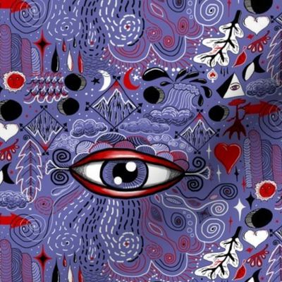 very peri periwinkle. the all seeing eye! medium large scale, blue purple lavender violet red black and white quirky surreal