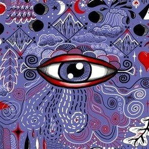 very peri periwinkle. the all seeing eye! medium large scale, blue purple lavender violet red black and white quirky surreal