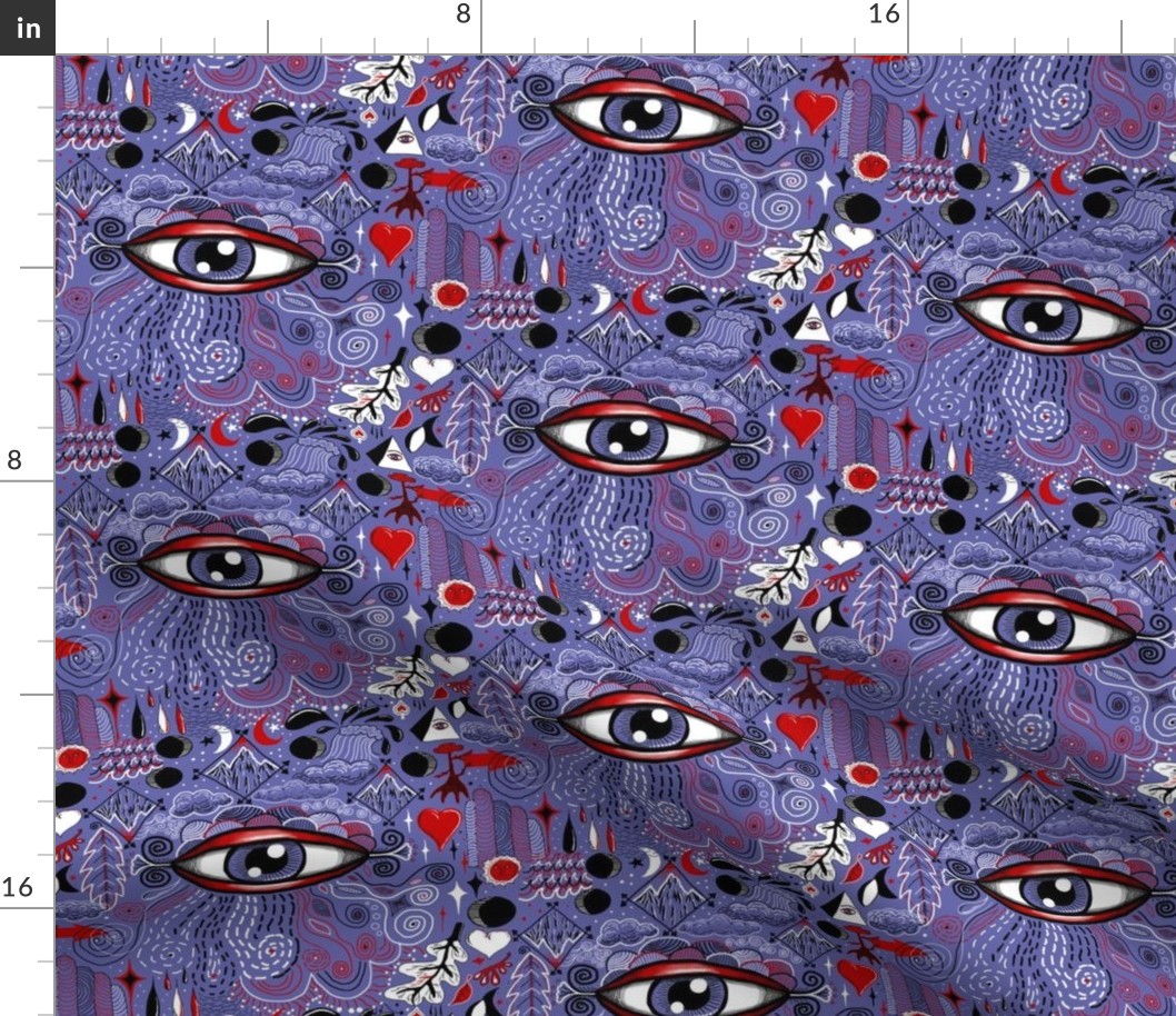 very peri periwinkle. the all seeing eye! medium large scale, blue purple lavender violet red black and white quirky surreal