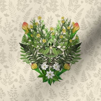 Luna Moth Garden Heart embroidery template (Cream)