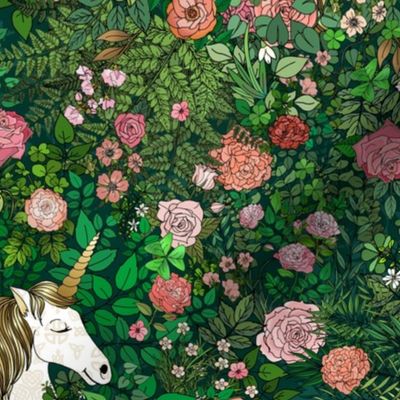 Celtic Unicorns in A Wild Irish Rose Garden (Dark Background) 