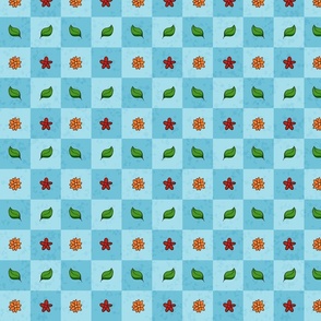 Checkerboard Flowers and Leaves - Blue