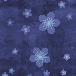 Periwinkle flower blossoms floating on fresco painted periwinkle and black background