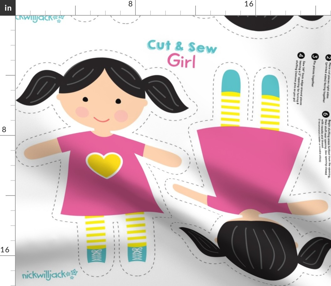 Cut and Sew Girl Doll-Heart Dress-Black Hair