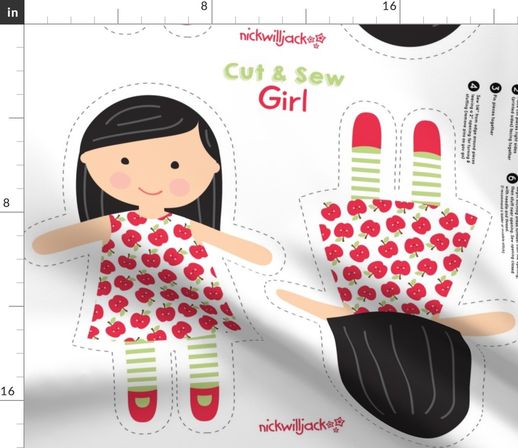 Cut and Sew Girl Doll-Apple Dress-Black Hair