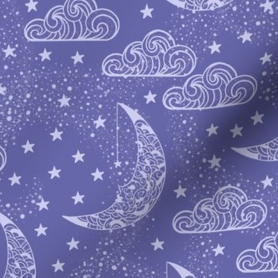 Calming Celestial Periwinkle Moons, Clouds and Stars - Medium