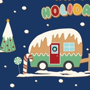 Large Christmas Gingerbread Campers with Christmas Greetings and a Schiava Blue Background